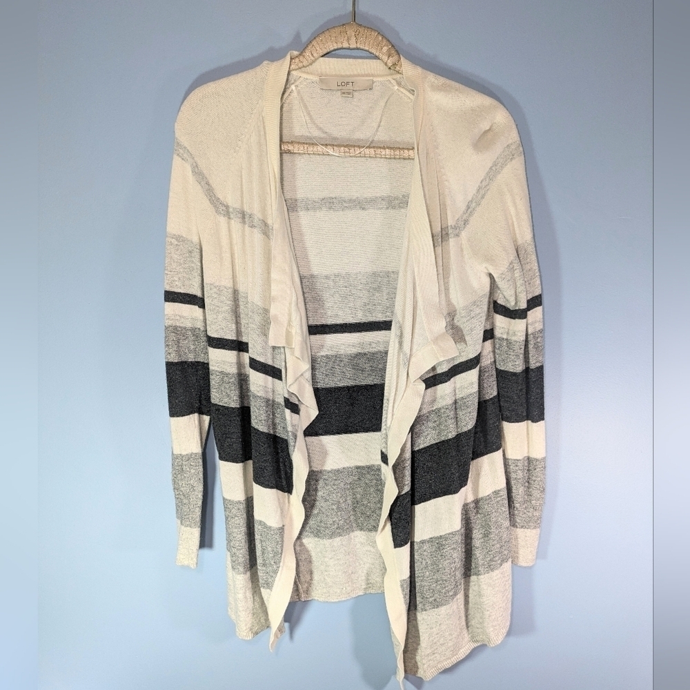 LOFT Cream/Gray Wool Blend Open Cardigan